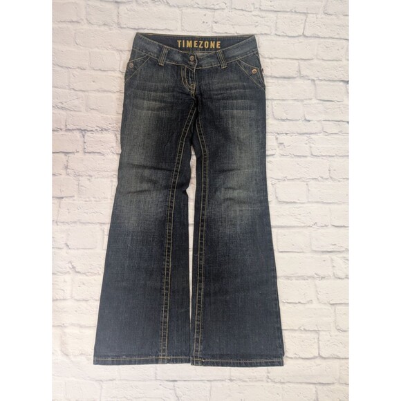 Timezone Dark Wash Flare Jeans Fun Button pockets  low rise 27 - Picture 1 of 10